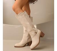 TEMU Botas largas de mujer con tacón para fiestas al , color liso, tacón , punta redonda, tela cómoda, hebilla de metal decorativa, botas de mujer, zapatos de mujer