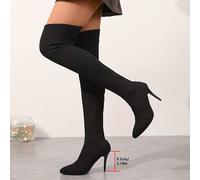 TEMU Botas Largas de Mujer para Otoño/Invierno, Punta Afilada y Tacón de 9.5 cm, Tejido Acanalado con de PU | Ideales para Fiestas, Citas, Uso Diario y Presentaciones, Zapatos de Mujer