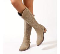 TEMU Botas largas de mujer para tirar, botas de vaquero occidental con cremallera lateral, botas de tacón grueso con punta bordada