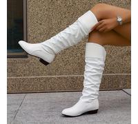 TEMU Botas largas plisadas de tubo para mujer, talla grande, color liso, sin cordones, punta redonda, tacón medio de bloque, forro de franela, parte de PU, de goma.