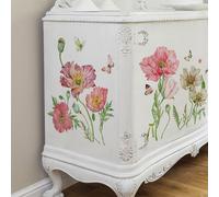 TEMU Calcomanías UV DTF de diseño vintage y elegante para muebles, acabado mate con temática floral de amapola, adhesivos artísticos para mesita de noche, armario, gabinete DIY, 11.42" x 22.83
