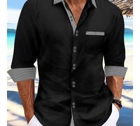 TEMU Camisa casual de algodón para hombre, de color contrastado y a rayas, con botones en el cuello y larga. Un de masculina para el uso diario, vacaciones o actividades al aire libre.