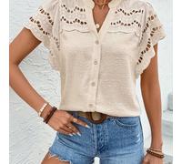 TEMU Camisa de color sólido con bordado hueco y diseño patchwork, con cuello hueco, ideal para vacaciones y ocio