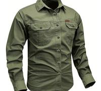 TEMU Camisa de larga con botones para hombre en , con bolsillos, diseñada para moda y actividades al aire libre como camping y deportes, con un corte elástico casual y un estilo retro de color sólido