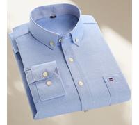 TEMU Camisa de larga para hombre, color liso, ideal para otoño, con un elegante diseño bordado, cuello a rayas y un bolsillo en el pecho que se perfectamente con cualquier outfit