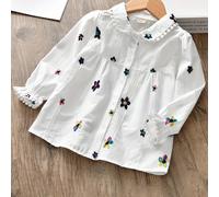 TEMU Camisa de larga para niñas con bordado floral y ribete de encaje | Cómoda y versátil para /otoño, tela sin elasticidad, abotonadura de un solo pecho