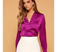 TEMU Camisa de Satén con Cuello en V y Farol para Mujer - Blusa de Larga de Color Sólido con Botones, Ajuste para /Otoño, Tops Casuales y Elegantes Lavables a Máquina, Ropa de Estilo Sofisticada