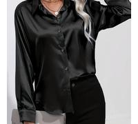TEMU Camisa de Satén Elegante para Mujer - Larga Ajustada, Cuello con Botones, Tejido Lavable a Máquina, Ideal para Oficina y Noches, Color Sólido, Versátil para Todas