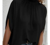 TEMU Camisa de satén negra con cuello y abertura para mujer, con un estilo francés , corte holgado que favorece , top versátil y elegante, nueva llegada