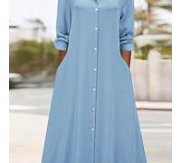 TEMU Camisa de vestir con botones de color liso, vestido midi casual de larga con corte en A para y otoño, ropa de mujer.