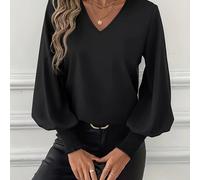 TEMU Camisa elegante de farol para mujer en color liso - camisa de larga con cuello en V y de volantes, top de larga fácil de llevar para /otoño, ya sea para un casual o de moda. Ropa casual elegante.