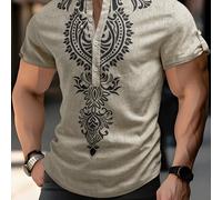 TEMU Camisa para hombre con de bambú, rayón y lino, estilo , estampado, cuello Henley , diseño de brazalete tipo , moda, casual para exteriores, manga corta