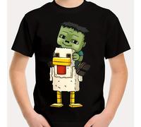 TEMU Camiseta Casual con Estampado de Pollo Zombie Adolescente - Manga Corta Negra, Cuello y Tejido Elástico Lavable a Máquina para Niños