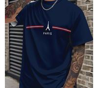 TEMU Camiseta Casual de Manga Corta para Hombre con Estampado de París - Azul , Cuello Ajuste , Lavable a Máquina, Ropa de Ocio, Diseño y Sencillo, Material , Unisex, Ideal para de
