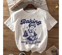 TEMU Camiseta Casual de Manga Corta para Mujer en Rosa con Estampado Vintage "Hacer Repostería Porque Asesinar es " - Cuello , y Lavable a Máquina, Ideal para Verano