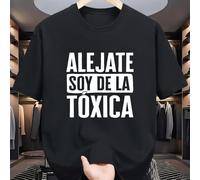 TEMU Camiseta Casual para Hombre con Estampado en Español "ALEJATE SOY DE " - Poliéster Transpirable, Cuello Manga Corta, Talla Regular H-Size para Ropa de y Vacaciones /Verano, Tejido