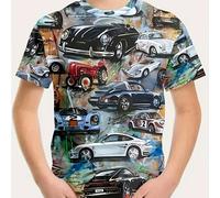 TEMU Camiseta casual para niños con cuello , tejido de punto 100% poliéster con estiramiento, camiseta de corta de ajuste regular con diseño de estampado de coche para niños.