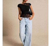 TEMU Camiseta con Encaje de y Asimétrico, Top Casual de Manga Corta para y Verano, Ropa de Mujer, Ajuste Delgado