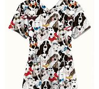TEMU Camiseta con Estampado de Perro Lindo para Mujer - Cuello en V y Manga Corta, Transpirable con Bolsillos, Lavable a Máquina, Ropa Casual Cómoda, Camiseta para Amantes de las Mascotas, Tejido