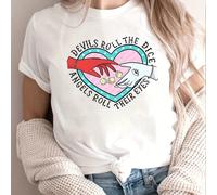 TEMU Camiseta con estampado divertido de 'Devils Roll The Dice Angels Roll Their Eyes', manga corta, cuello para mujer