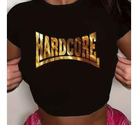 TEMU Camiseta Corta de Estilo Y2K 2025 para Mujer - Top de Cintura con Estampado "HARDCORE" en Poliéster/Elastano Microelástico, Lavable a Máquina, Ropa Casual para Verano Otoño