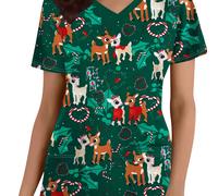 TEMU Camiseta de Cuello en Reno Navideño para Mujer - Corta, Uniforme de Enfermera de Poliéster con Bolsillos, Regalo para las Fiestas, Estilo Lindo, Versión , //