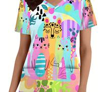 TEMU Camiseta de Enfermería con Estampado Animales para Mujer - Cuello en V, Cortas, Bolsillos, Diseño Elegante y Divertido, Poliéster, Uso Todo el Año