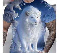 TEMU Camiseta de hombre con estampado 3D - Cuello casual de manga corta, tejido de poliéster duradero, león con azul, camiseta para mí