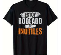 TEMU Camiseta de Hombre con Sarcástica en Español " Rodeado de Inútil" - Estampado Desgastado y Naranja, Manga Corta y Transpirable, Diseño de Texto , Cuello para Casual, Lavable a Máquina