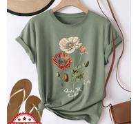 TEMU Camiseta de manga corta con cuello , estilo realista, con estampado de amapola y hojas