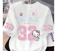 TEMU Camiseta de manga corta con cuello estilo "Sweet Cool Baseball! Hello Kitty Number 32 Jersey" para mujer, para y verano, lavable a máquina, cómoda, adecuada para talla regular.