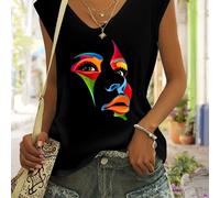 TEMU Camiseta de manga corta con estampado facial, top con cuello de pico para y verano, ropa de mujer.