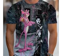 TEMU Camiseta de Manga Corta para - Diseño de Pink Panther y Personajes Clásicos del Cine, en Bloques Vibrantes, Cuello Regular, Lavable a Máquina, Casual y para Fiestas, Estampado Elegante para a