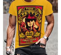 TEMU Camiseta de manga corta para hombre con estampado 3D, cuello casual, tejido de poliéster 100%, estiramiento, ajuste regular, 100g/m² - Camiseta gráfica de Tom Petty & The Stanley Theater 1980