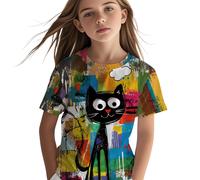 TEMU Camiseta de Manga Corta para Niñas con Gato de Halloween - 100% Poliéster, Estampado Digital 3D, Diseño de Animal Tierno, Top Versátil para Deportes al en y Verano, Regalo para Niños