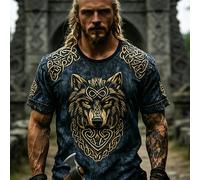 TEMU Camiseta de manga corta vintage para hombre, ideal para el verano, con estampado de cabeza de lobo vikingo. Transpirable y cómoda, para un estilo casual y moderno de uso diario.