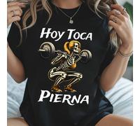 TEMU Camiseta de moda con estampado de calavera española "Leg hoy", manga corta y cuello , top casual para verano y , ropa de mujer
