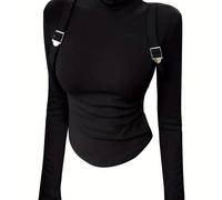 TEMU Camiseta de Mujer Ajustada con Cuello y Larga - Top Elástico con Dobladillo Curvado, Versátil para /Otoño, Oficina y Uso Casual