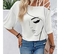 TEMU Camiseta de Mujer con Tirantes Caídos - de Poliéster Elástico, Manga Corta, de Correas Cruzadas, Estampado Elegante Facial, Estilo Casual para Vacaciones, Lavable a Máquina
