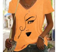 TEMU Camiseta de talla grande con estampado facial, top casual de cuello en V y manga corta para y verano, ropa de talla grande para mujer