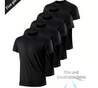 TEMU Camiseta deportiva de fitness para hombre de Prince, de secado rápido, para correr, moda casual, traje de fitness de secado rápido, camiseta negra a cuadros, manga corta, 5 piezas.