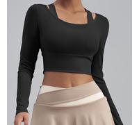 TEMU Camiseta deportiva de malla de larga con diseño en la espalda, top atlético favorecedor con almohadillas fijas en el pecho, cómoda y transpirable, ideal para fitness, running y yoga