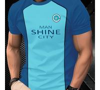 TEMU Camiseta gráfica casual para hombre - "Man Shine City" estampado, azul y azul , manga corta, de poliéster, cuello , lavable en máquina - Ideal para verano, deportes y ocio