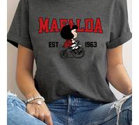 TEMU Camiseta gráfica casual para mujer Mafalda - Diseño de dibujos animados con texto 'EST 1963', camiseta corta de para atuendos informales, top para todas | Estilo casual | Ajuste