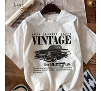 TEMU Camiseta gráfica de automóvil vintage para mujeres - Camiseta de manga corta de cuello casual con estampado "Mantén vivo", azul , material y duradero para ropa casual, camisetas de automóvil
