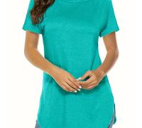 TEMU Camiseta Larga de Manga Corta para Mujer - con Cuello y Dobladillo Curvado, Ajuste para Todas , Camisas Casuales de Color Sólido, Ropa Versátil y Duradera