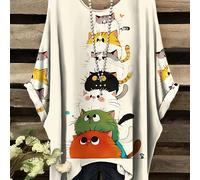 TEMU Camiseta Plus Size para Mujer - Elegante y Casual con Gatos - Suéter de Estilo - Lavable a Máquina, Corte Holgado - Ropa Ideal para Amantes de