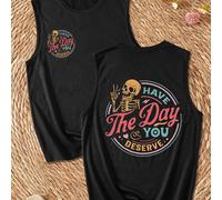 TEMU Camiseta Sin de Cuello para Mujer - Negra con Estampado de Esqueleto y "Ten que Te Mereces", Ropa Casual y Playa, Lavable a Máquina