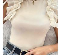 TEMU Camiseta sin mangas con volantes para mujer, 2023 casual cuello , tejido de punto de poliéster de color sólido, estilo francés, moda /otoño, tallas para adultos