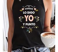 TEMU Camiseta Sin Y2K para Mujer - Estampado Geométrico Floral con en Español, Corte y Ajuste Casual, Tejido Elástico Lavable a Máquina para /Verano, Material No Transparente